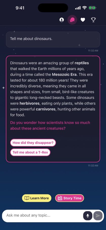Owlby answering a question about dinosaurs and offering follow-up questions like “How did they disappear?”