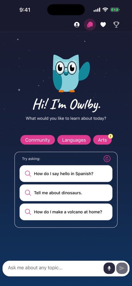 Owlby home screen inviting a child to ask any question, with suggestions like “Tell me about dinosaurs.”