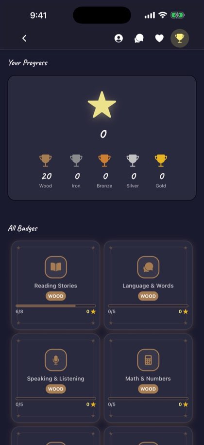 Owlby progress screen showing stars earned and badges for reading, language, speaking and maths.