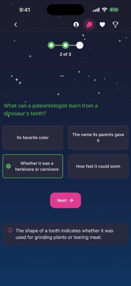 An Owlby quiz asking what a paleontologist can learn from a dinosaur’s teeth, with the correct answer highlighted.